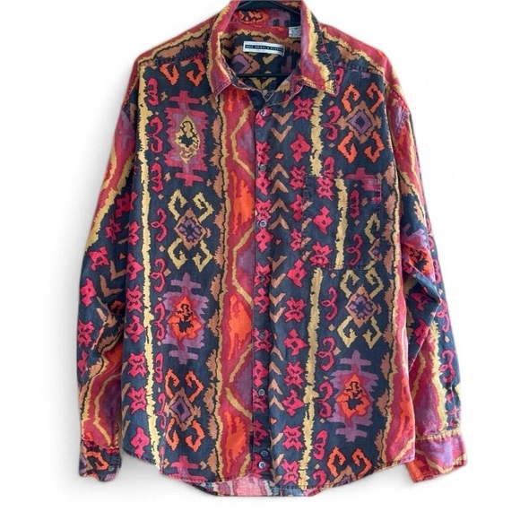 Vintage 80’s Fenn Wright & Mansons Aztec Retro Linen Button Up Shirt - Picture 1 of 6